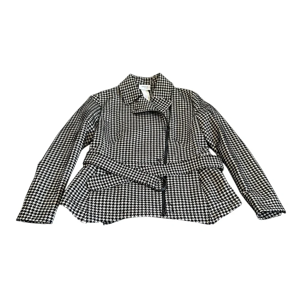 Akris Punto Belted Houndstooth Peplum Jacket Black White Zip-Up Luxury Size 10 - Picture 13 of 16